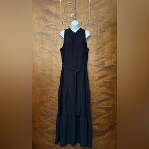 Ann Klein Crinkled Tiered Belted Maxi Dress Womens 10 Blue Halter Neck Midi NWT
